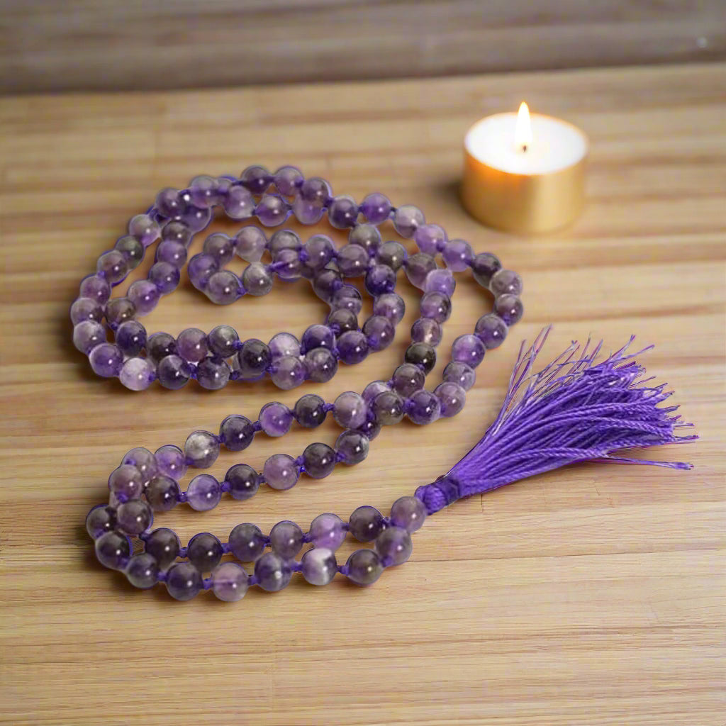 Natural Amethyst Mala Prayer 108 Beads Japa Mala Tassel Necklace