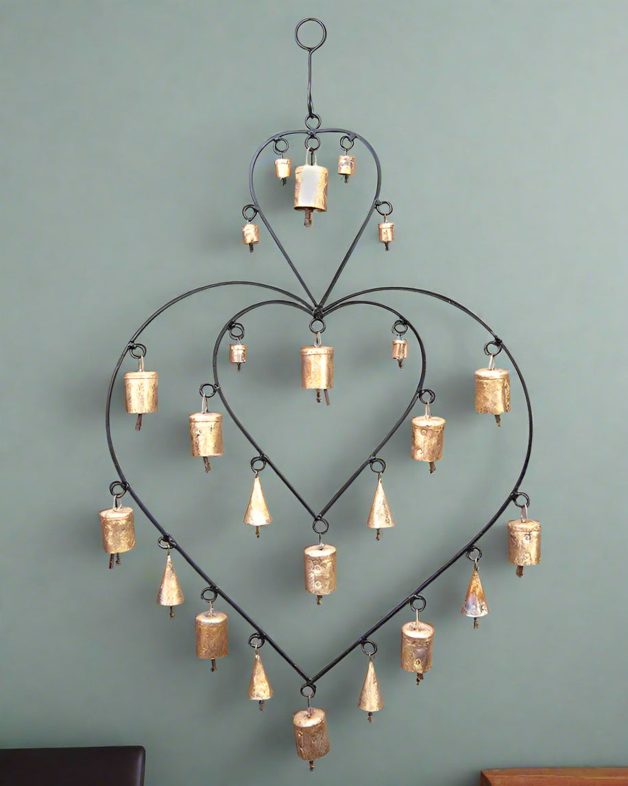 Double Heart Brass Hanging Chime