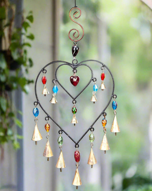 Double Heart Glass Beads Brass Bells Chime