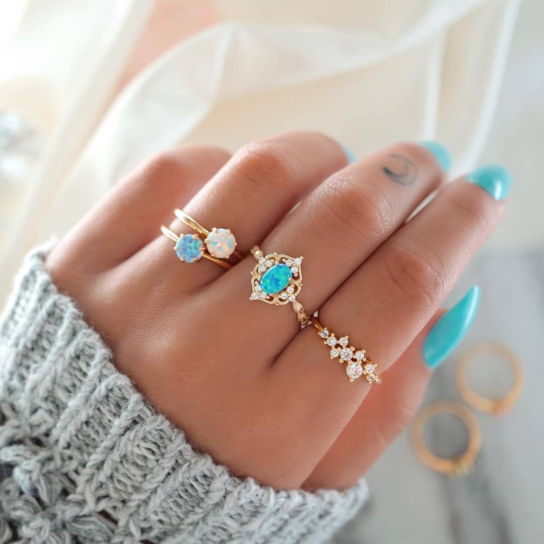 4-Piece Opal & White Crystal Ring Set