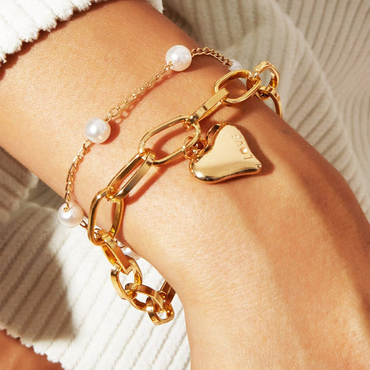 2 Piece Heart and Pearl Bracelet Set 18K Gold