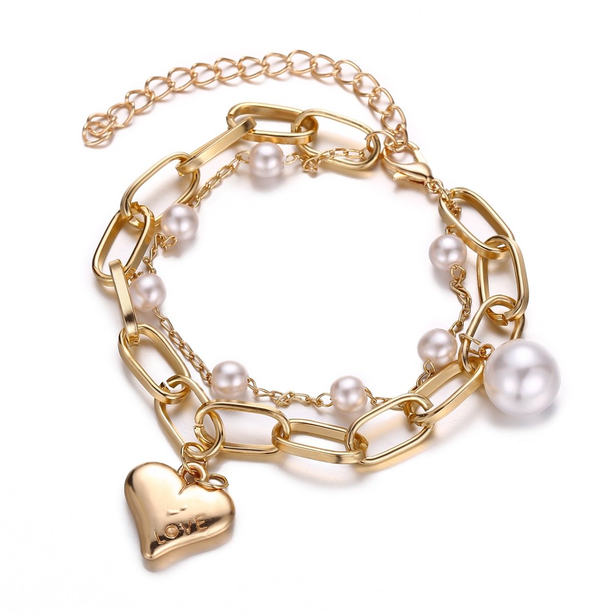 2 Piece Heart and Pearl Bracelet Set 18K Gold