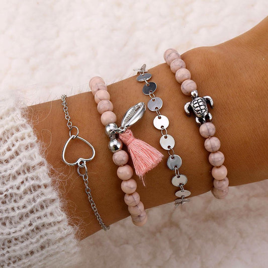 4 Piece Pink Tassell Bracelet Set