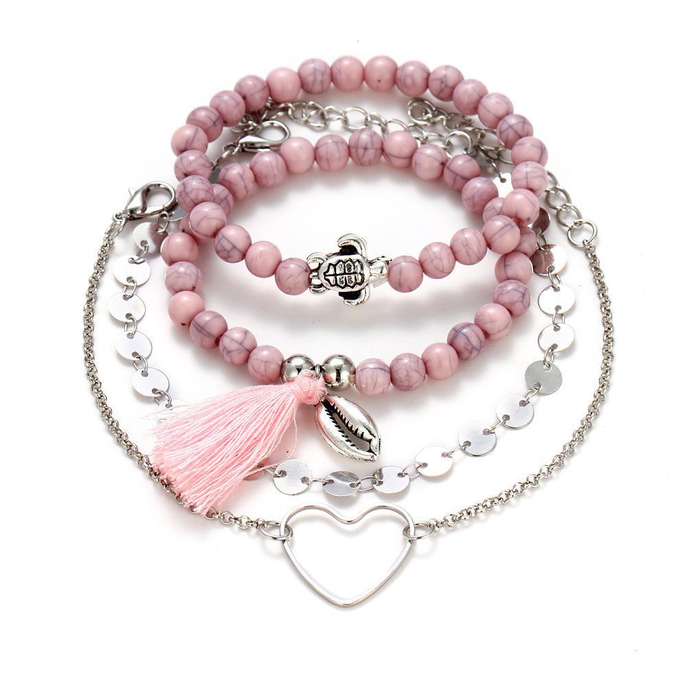 4 Piece Pink Tassell Bracelet Set