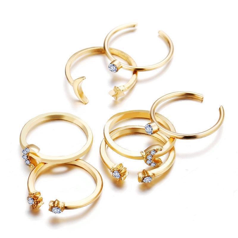 7 Piece Moon & Stars Ring Set With Gemstone  Crystals 18K Gold Plated