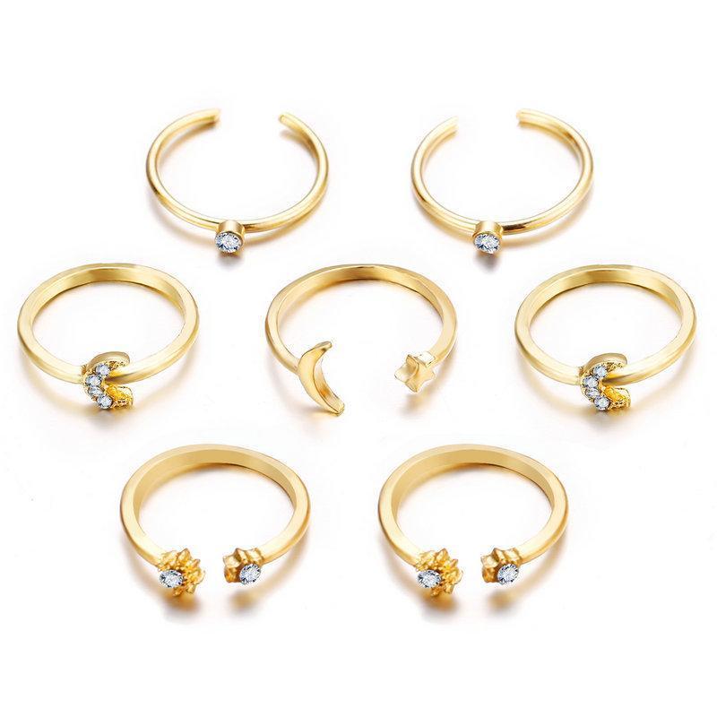 7 Piece Moon & Stars Ring Set With Gemstone  Crystals 18K Gold Plated