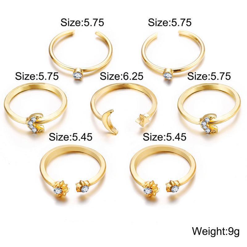 7 Piece Moon & Stars Ring Set With Gemstone  Crystals 18K Gold Plated