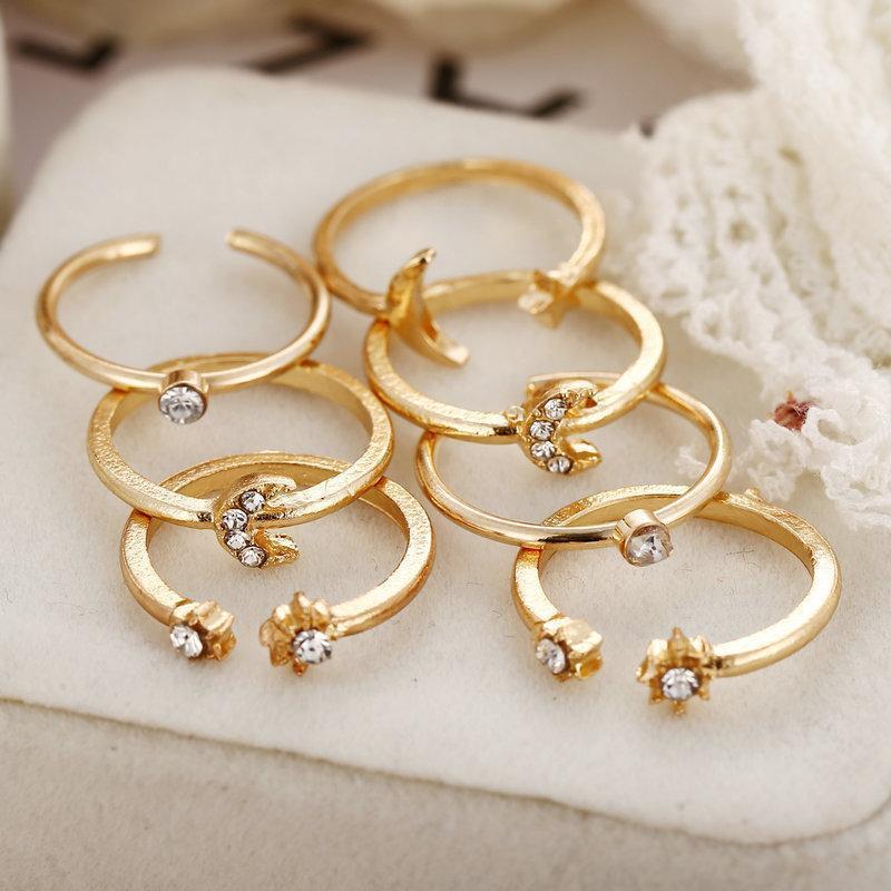 7 Piece Moon & Stars Ring Set With Gemstone  Crystals 18K Gold Plated