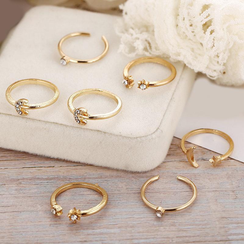 7 Piece Moon & Stars Ring Set With Gemstone  Crystals 18K Gold Plated